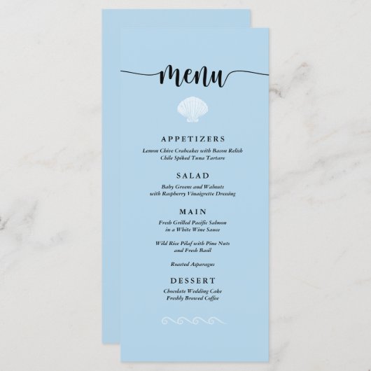 Beach Weddenschap Menu Seashell Seaside Beach Blue (Voorkant / Achterkant)