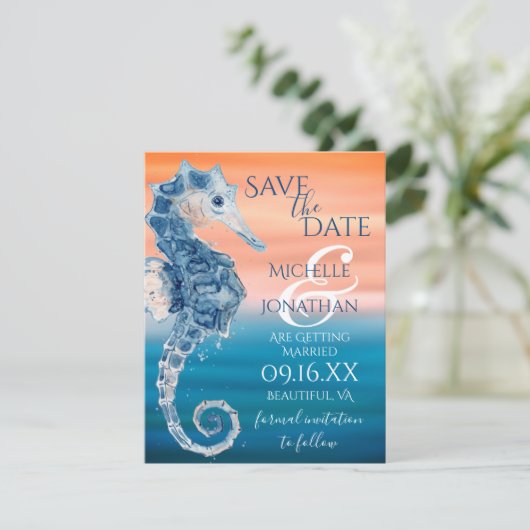 Beach Weddenschap met blauw en koraal Save The Date (Staand voorkant)