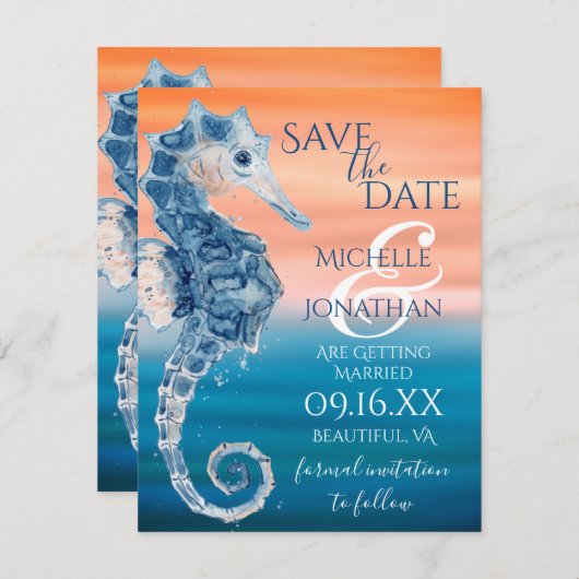Beach Weddenschap met blauw en koraal Save The Date (Voorkant / Achterkant)