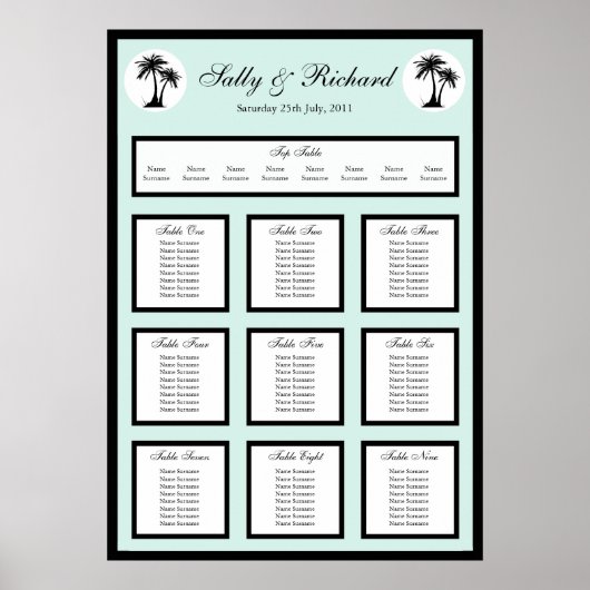 Beach Weddenschap Palm Tree Table Seatplan Print (Voorkant)
