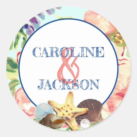 Beach Weddenschap Pink Floral Starfish Pearl Coral Ronde Sticker (Voorkant)
