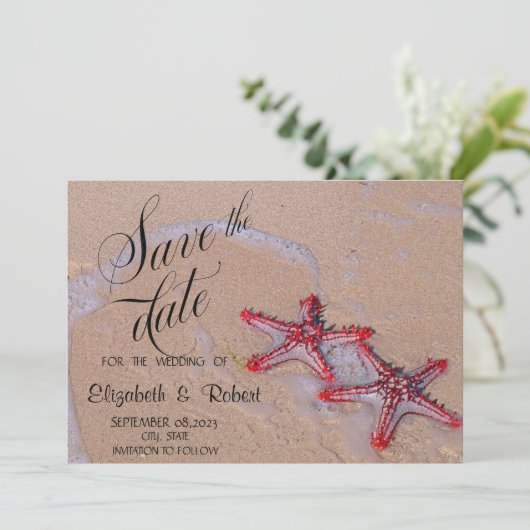 Beach Weddenschap Red Starfish Save the Date (Staand voorkant)