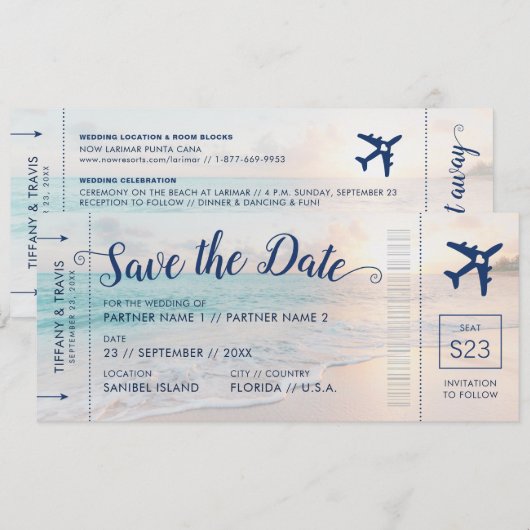 Beach Weddenschap Sunset Boarding Pass Save the Da Aankondiging (Voorkant / Achterkant)