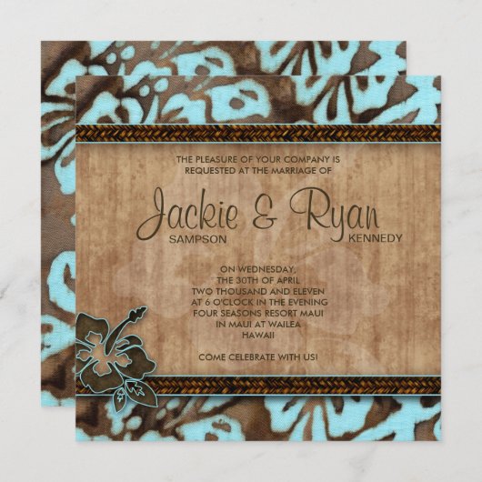 Beach Weddenschap Uitnodiging Hibiscus Blue Brown (Voorkant / Achterkant)