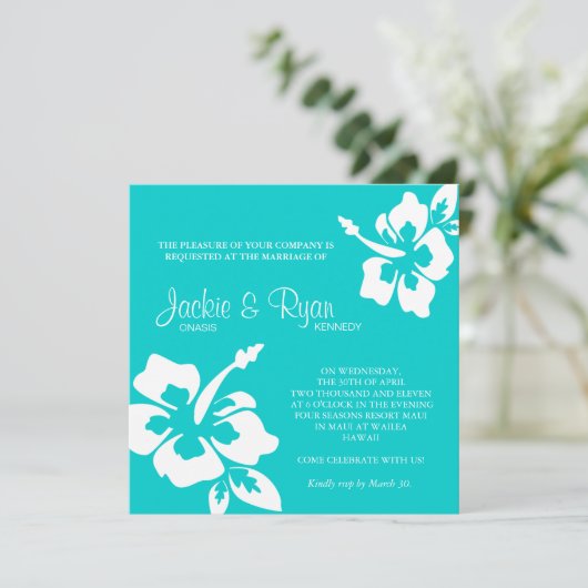 Beach Weddenschap Uitnodiging Hibiscus Flower Blue (Staand voorkant)