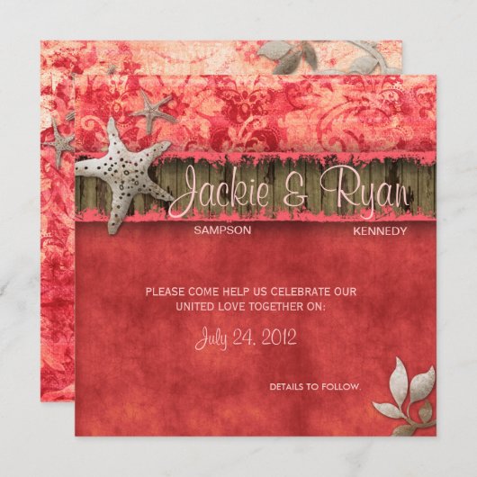 Beach Weddenschap Uitnodiging Seashell Coral Red (Voorkant / Achterkant)