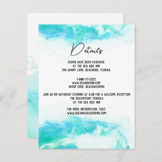 Beach Weddenschap Waterverf Blue Waves Guest Detai Informatiekaartje (Voorkant / Achterkant)