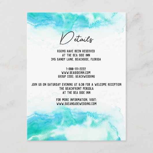 Beach Weddenschap Waterverf Blue Waves Guest Detai Informatiekaartje (Voorkant)