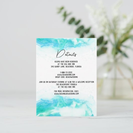 Beach Weddenschap Waterverf Blue Waves Guest Detai Informatiekaartje (Staand voorkant)