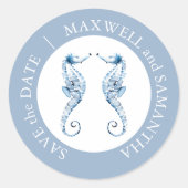 Beach Weddenschap Waterverf Seapaarden Blue Ronde Sticker (Voorkant)