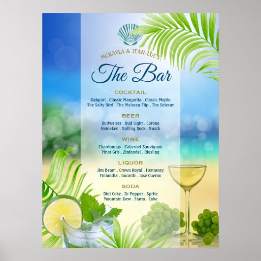 Beach Weddenschap Wine Palm Open Bar Menu Poster (Voorkant)