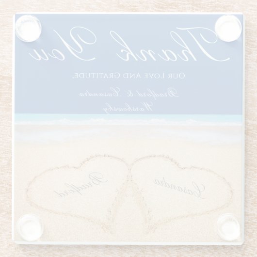 Beach Wedding 2 Harten in het zand bruiloft Glazen Onderzetter (Achterkant)