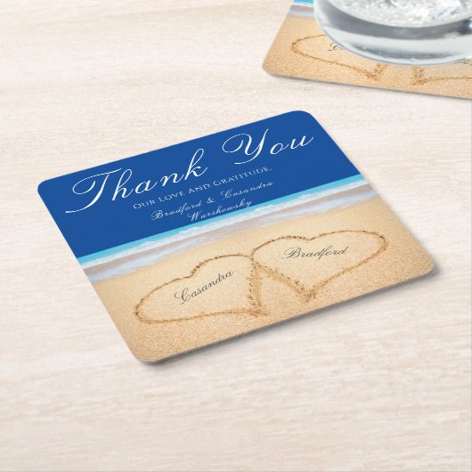 Beach Wedding 2 Harten in het zand bruiloft Kartonnen Onderzetters (Schuin)