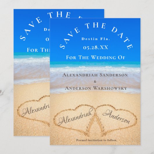 Beach Wedding 2 Harten in het zand sparen de Datum Kaart (Voorkant / Achterkant)