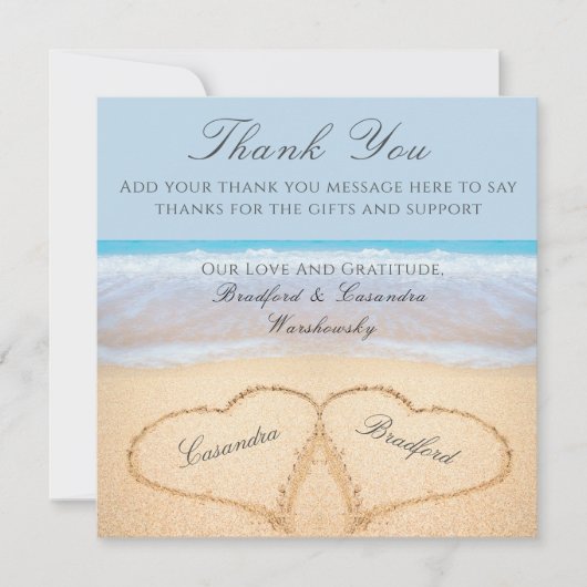 Beach Wedding 2 Harten in het zand Wedding Dank Bedankkaart (Voorkant)