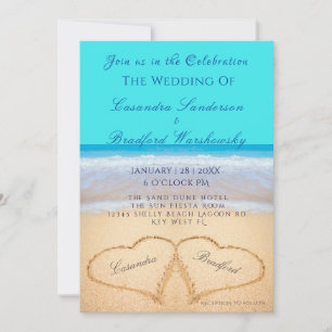 Beach Wedding 2 Hearts Sand Blauwgroen Blue Invita Kaart