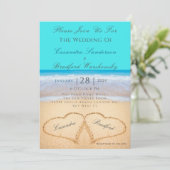 Beach Wedding 2 Hearts Sand Blauwgroen Blue Invita Kaart (Staand voorkant)