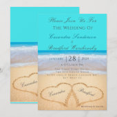 Beach Wedding 2 Hearts Sand Blauwgroen Blue Invita Kaart (Voorkant / Achterkant)