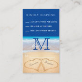 Beach Wedding 2 Hearts Sand Dark Blue RSVP Enclos Informatiekaartje (Achterkant)