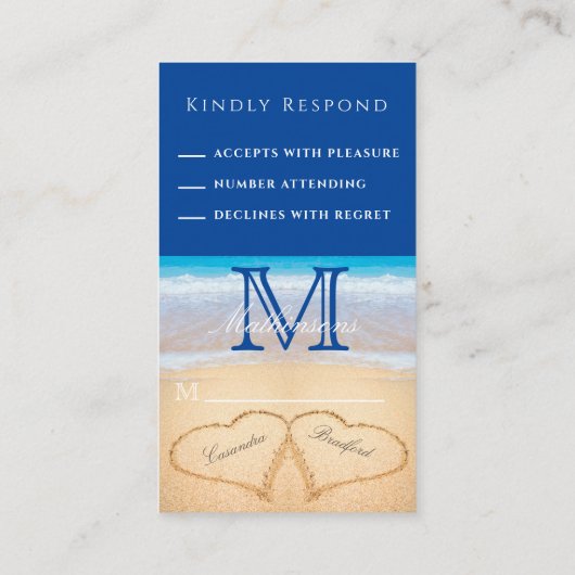 Beach Wedding 2 Hearts Sand Dark Blue RSVP Enclos Informatiekaartje (Achterkant)