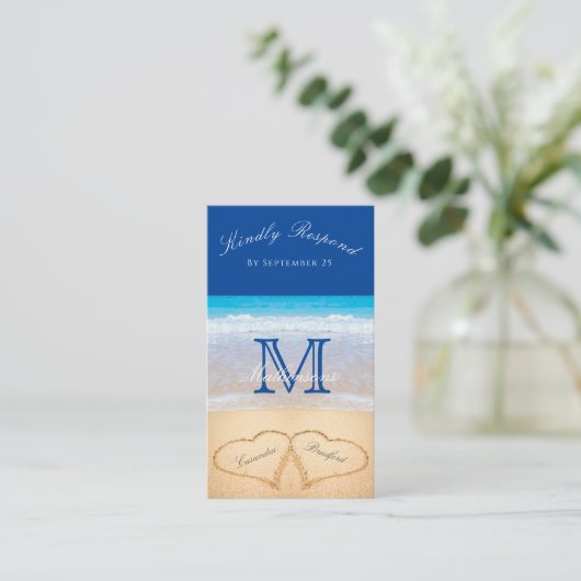 Beach Wedding 2 Hearts Sand Dark Blue RSVP Enclos Informatiekaartje (Staand voorkant)