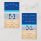 Beach Wedding 2 Hearts Sand Dark Blue RSVP Enclos Informatiekaartje (Voorkant / Achterkant)