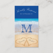 Beach Wedding 2 Hearts Sand Dark Blue RSVP Enclos Informatiekaartje (Voorkant)
