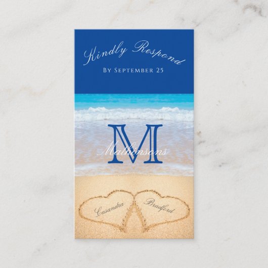 Beach Wedding 2 Hearts Sand Dark Blue RSVP Enclos Informatiekaartje (Voorkant)