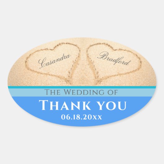 Beach Wedding 2 Hearts Sand Wedding Bedankt Ovale Sticker (Voorkant)