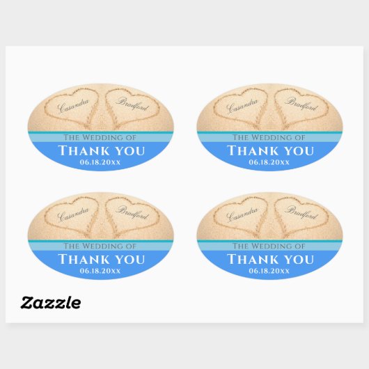 Beach Wedding 2 Hearts Sand Wedding Bedankt Ovale Sticker (Vel)