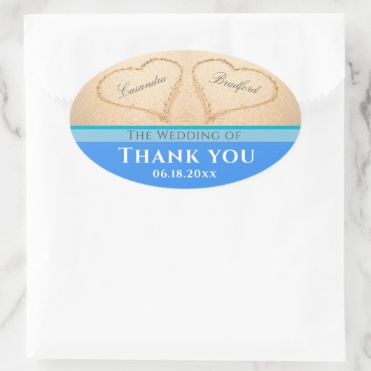 Beach Wedding 2 Hearts Sand Wedding Bedankt Ovale Sticker (Tas)