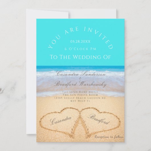 Beach Wedding 2 Hearts Sand Wedding Blauwgroen Blu Kaart (Voorkant)