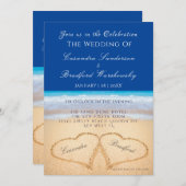 Beach Wedding 2 Hearts Sand Wedding Dark Blue Inv Kaart (Voorkant / Achterkant)