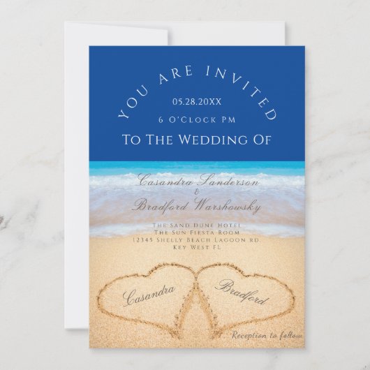 Beach Wedding 2 Hearts Sand Wedding Dark Blue Kaart (Voorkant)