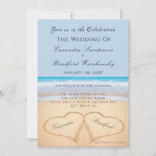 Beach Wedding 2 Hearts Sand Wedding Dusty Blue Kaart (Voorkant)