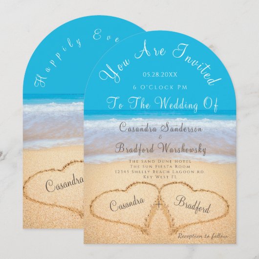 Beach Wedding 2 Hearts Sand Wedding Ocean Blue Inv Kaart (Voorkant / Achterkant)