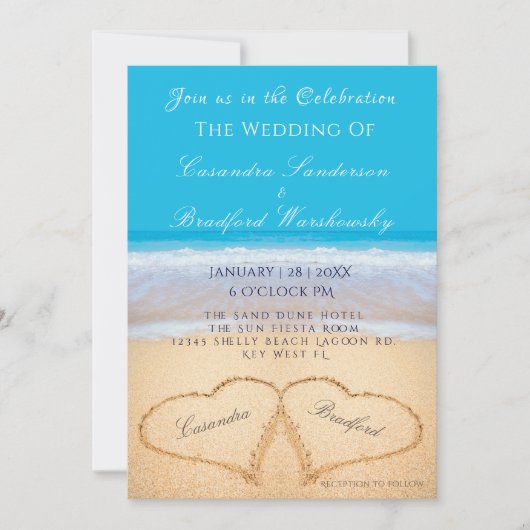 Beach Wedding 2 Hearts Sand Wedding Ocean Blue Inv Kaart (Voorkant)