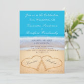 Beach Wedding 2 Hearts Sand Wedding Ocean Blue Inv Kaart (Staand voorkant)