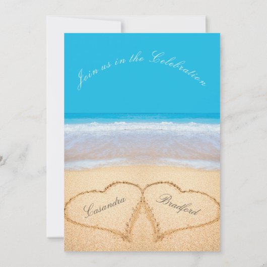 Beach Wedding 2 Hearts Sand Wedding Ocean Blue Inv Kaart (Achterkant)
