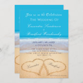 Beach Wedding 2 Hearts Sand Wedding Ocean Blue Inv Kaart (Voorkant / Achterkant)