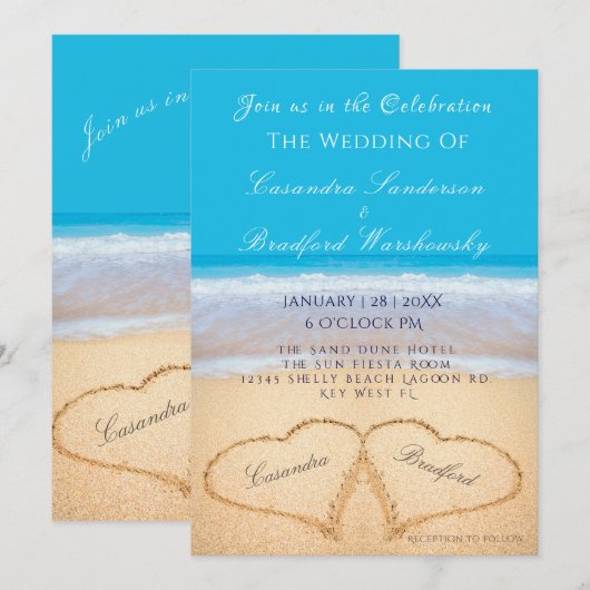 Beach Wedding 2 Hearts Sand Wedding Ocean Blue Inv Kaart (Voorkant / Achterkant)