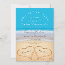 Beach Wedding 2 Hearts Sand Wedding Ocean Blue Inv Kaart
