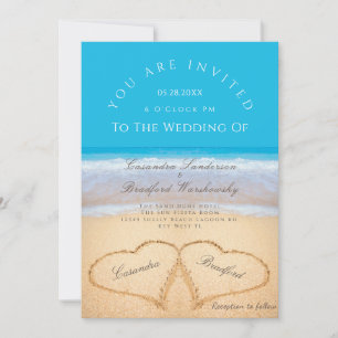 Beach Wedding 2 Hearts Sand Wedding Ocean Blue Inv Kaart