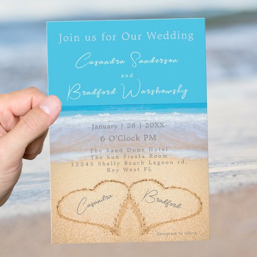 Beach Wedding 2 Hearts Sand Wedding Ocean Blue Inv Kaart