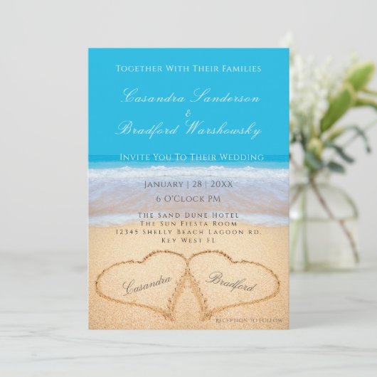 Beach Wedding 2 Hearts Sand Wedding Sky Blue Kaart (Staand voorkant)