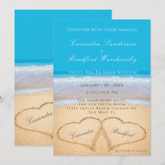 Beach Wedding 2 Hearts Sand Wedding Sky Blue Kaart (Voorkant / Achterkant)