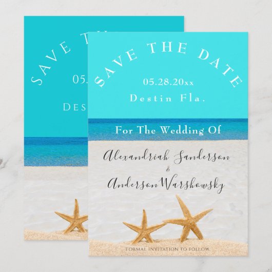 Beach Wedding 2 Starfish in Sand Save the Date Inv Kaart (Voorkant / Achterkant)