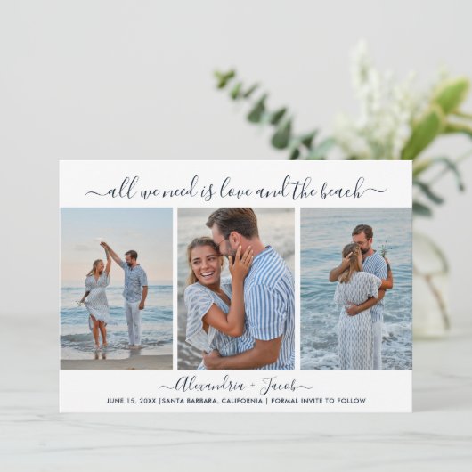 Beach Wedding 3 Photo Save the Date (Staand voorkant)