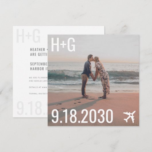 Beach Wedding Airplane Destination Square Foto Save The Date (Voorkant / Achterkant)