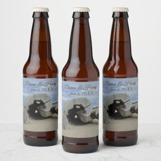 Beach Wedding Beauful Driftwood Foto Ocean Bier Etiket (Flessen)